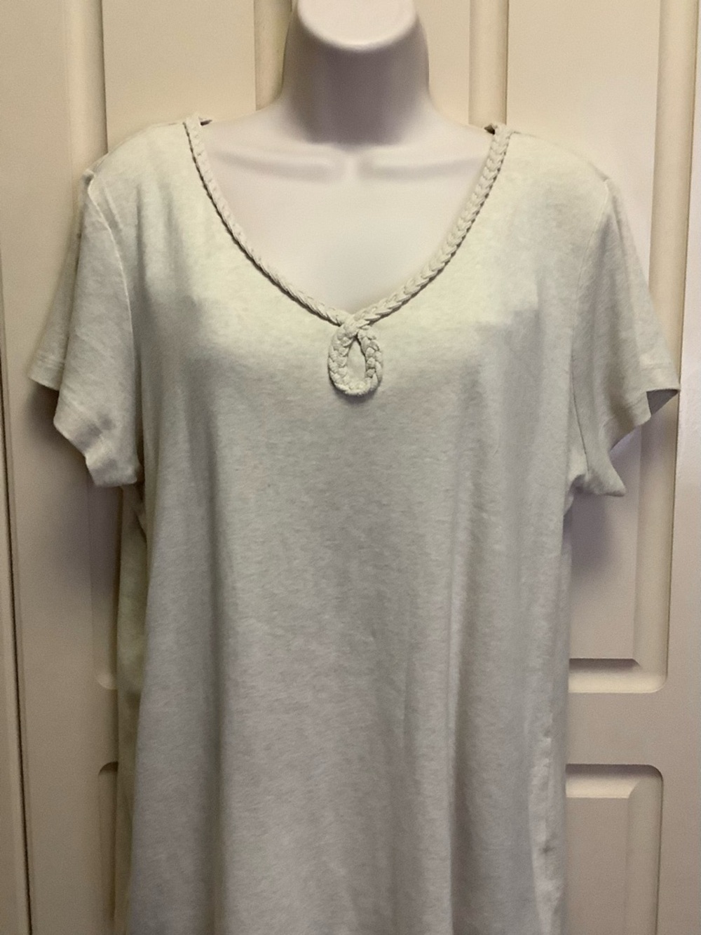 Lands End-Tan Beige Shirt Top-Short Slv-V Neck-Rope Accent-100% Cotton-XL 18-20